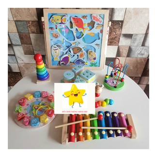 Combo 7 món đồ chơi gỗ cho bé (câu cá 2 cần, sâu gỗ, đàn gỗ, thả hình hình học, đồng hồ, luồn hạt, tháp cầu vồng)