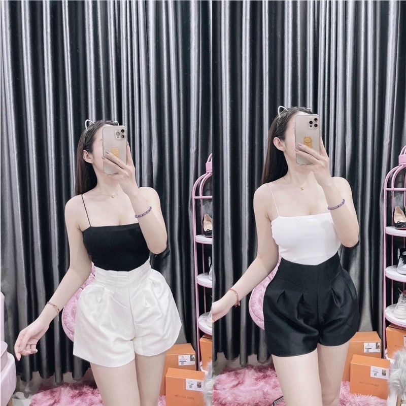 Quần đùi nữ xếp ly lưng cao From rộng chất phi bóng hàng quảng châu cao cấp