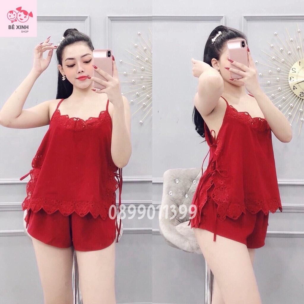 Bộ đồ ngủ hai dây nữ lụa satin [Cao cấp] Bộ lụa 2 dây với thiết kế bộ đồ ngủ sexy phối ren tinh tế lụa satin mát