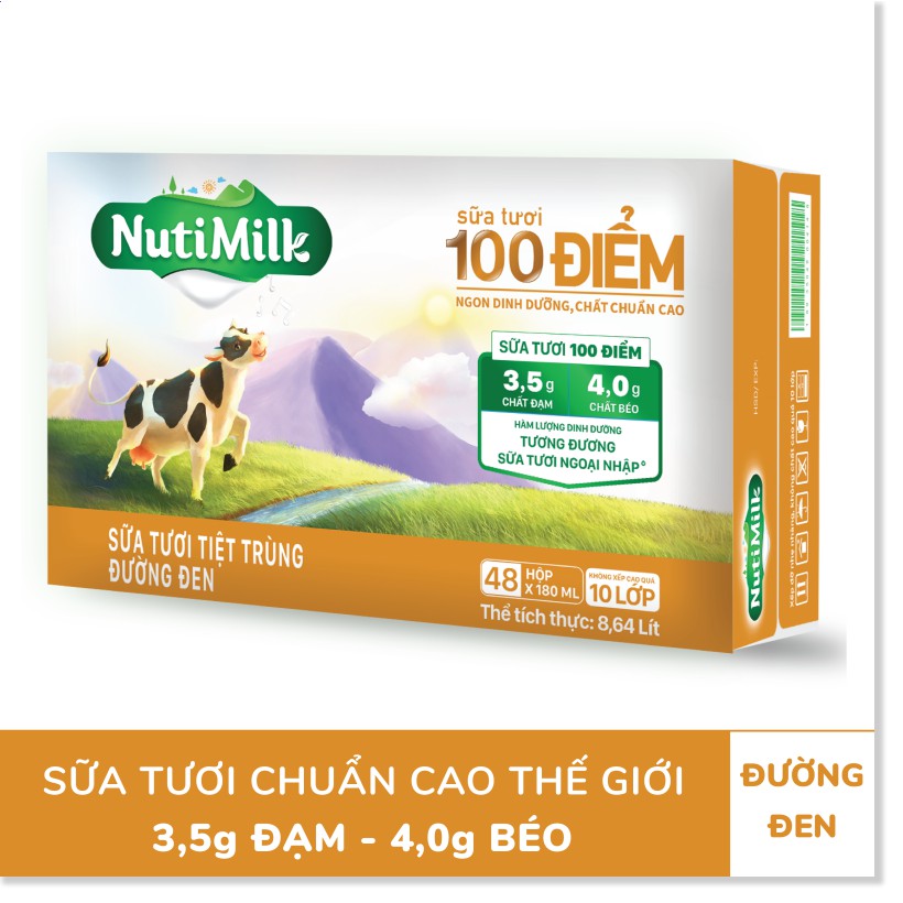 Combo 4 hộp Sữa tươi đường đen 100 điểm NutiMilk  - Sữa tươi chuẩn cao thế giới hương vị thơm ngon NT01CRN 180ml - Thươ