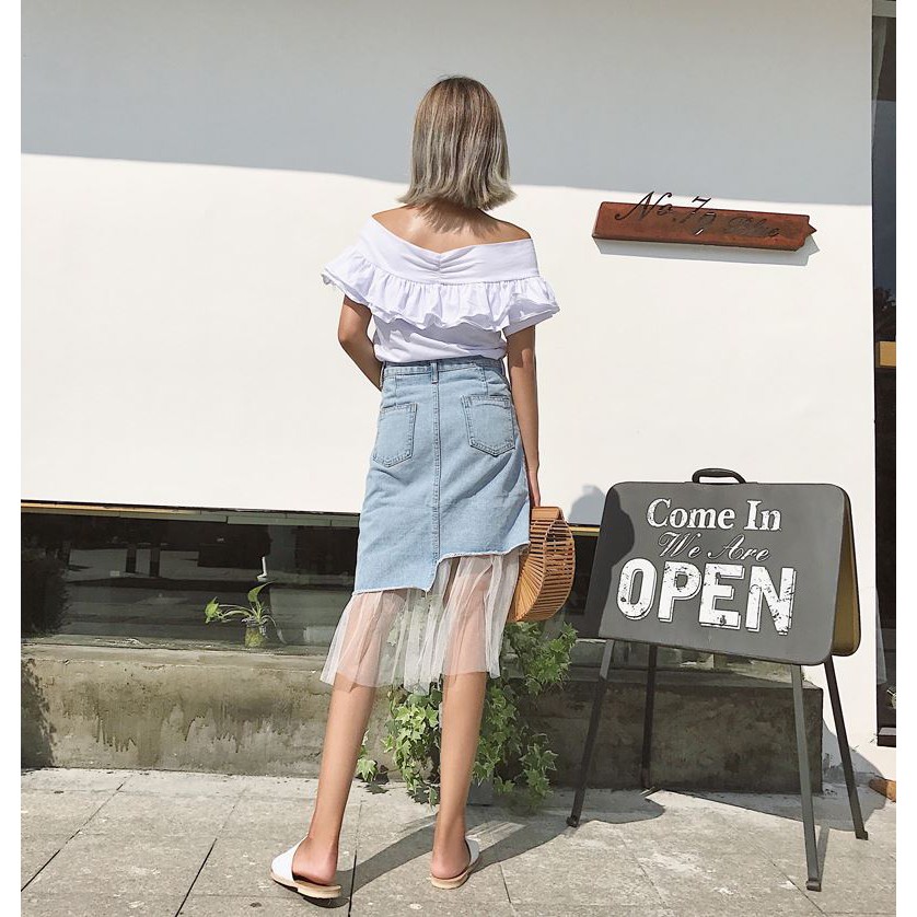 Chân váy jean ren dài