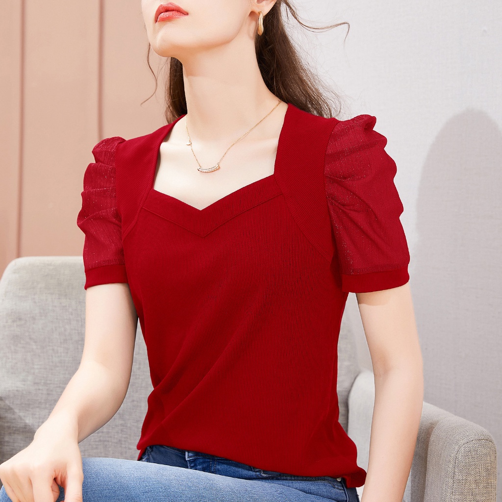 Áo Thun Tay Ngắn Phồng Bằng Lụa Mát Phong Cách Pháp Thời Trang Mùa Hè Hàng Mới Dành Cho Bạn Nữ