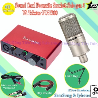 Combo Mic Thu Âm Livestream Takstar PC K200 và Sound Card Focusrite Scarlett Solo Gen 3 Chân Kẹp Dây live stream Dây 3m