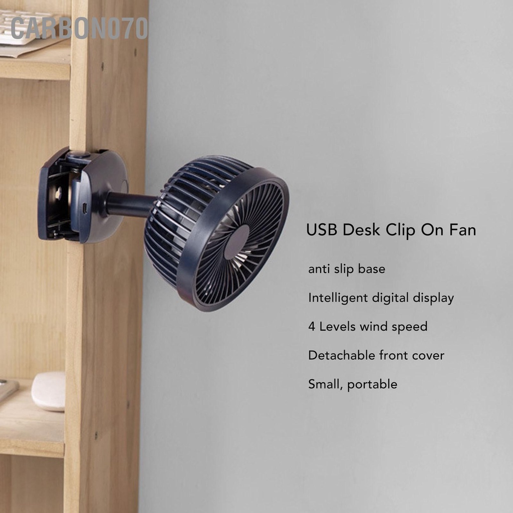 Carbon070 Kẹp để bàn USB trên quạt Màn hình kỹ thuật số thông minh 3 lưỡi Quạt kẹp nhỏ di động với đế chống trượt
