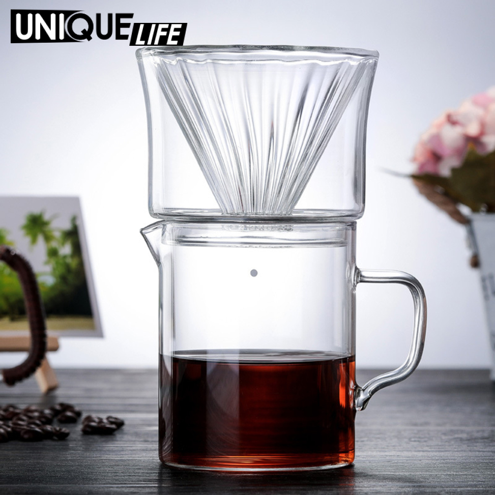 [Unique Life]Glass Coffee Dripper Cup Coffee Sharing Pot Removable Brew Coffee Filter Funnel 1-2 Cups