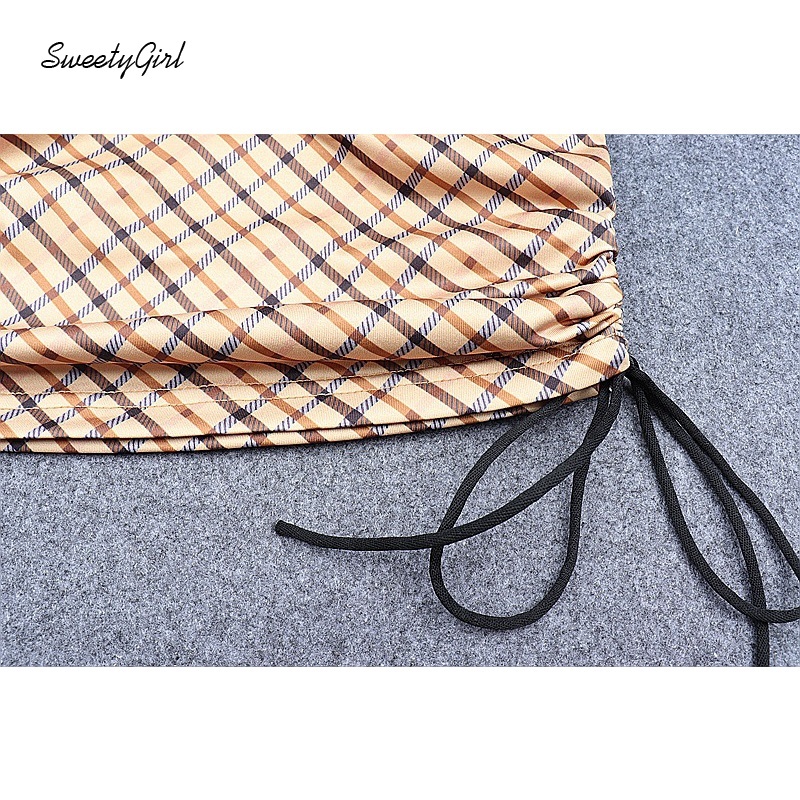 Áo tank top dây rút hở lưng họa tiết sọc caro thời trang cho nữ