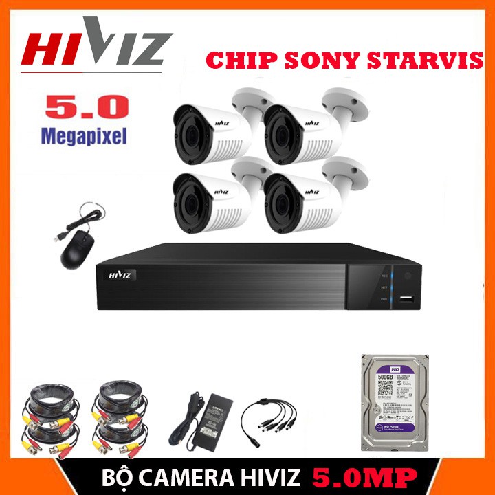 Trọn Bộ Camera giám sát HIVIZ 5.0MP chính hãng - Đủ bộ 4 mắt 5.0MP, Kèm HDD 500GB và đầy đủ phụ kiện lắp đặt