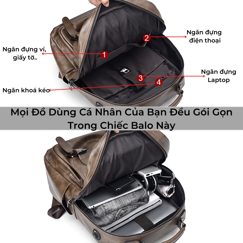 Balo da nam, nữ chất liệu da PU cao cấp, đựng lap top 15.6inch - MiMiBox