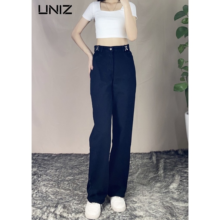 Quần Jean Suông Trơn UNIZ (Màu Đen), Unisex, Dáng Dài, Cạp Cao, Móc Cài, Ống Suông Và Rộng, Vải Jean Mềm, Không Bai