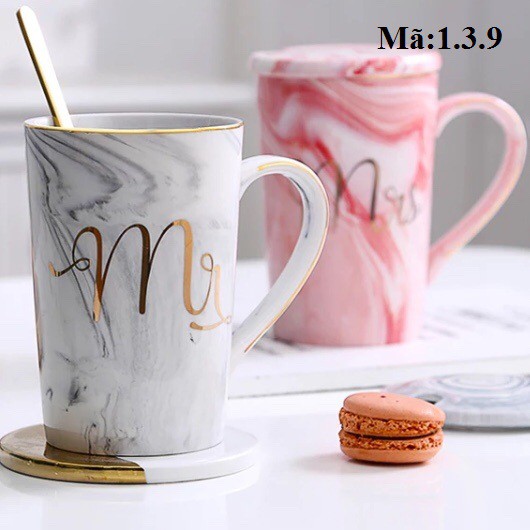 Cốc sứ uống nước có nắp và thìa hình hồng hạc và chữ mr mrs dàng cho các cặp đôi, ly tách uống nước: 1.3.8 1.3.9