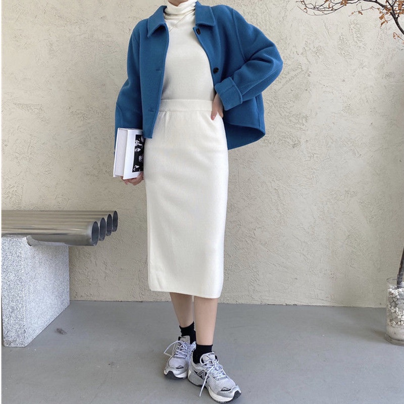 Chân Váy Dệt Kim Dáng Chữ A Lưng Cao Xẻ Tà Thời Trang Thu Đông Hàn Quốc