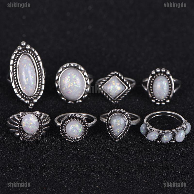 Set 8 Nhẫn Đính Hôn Mạ Bạc Có Đính Đá Opal Cho Nữ