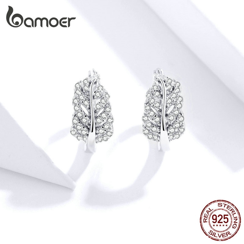 Khuyên Tai Bamoer Bằng Bạc 925 Đính Đá Hình Lông Vũ Sang Trọng