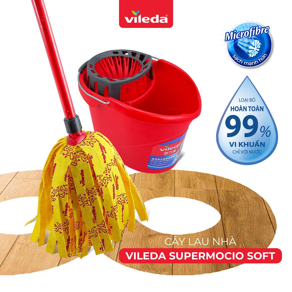 Bộ cây lau nhà VILEDA Supermocio Soft vải sợi siêu nhỏ, siêu thấm dùng cho sàn gỗ kèm xô giặt chuyên dụng