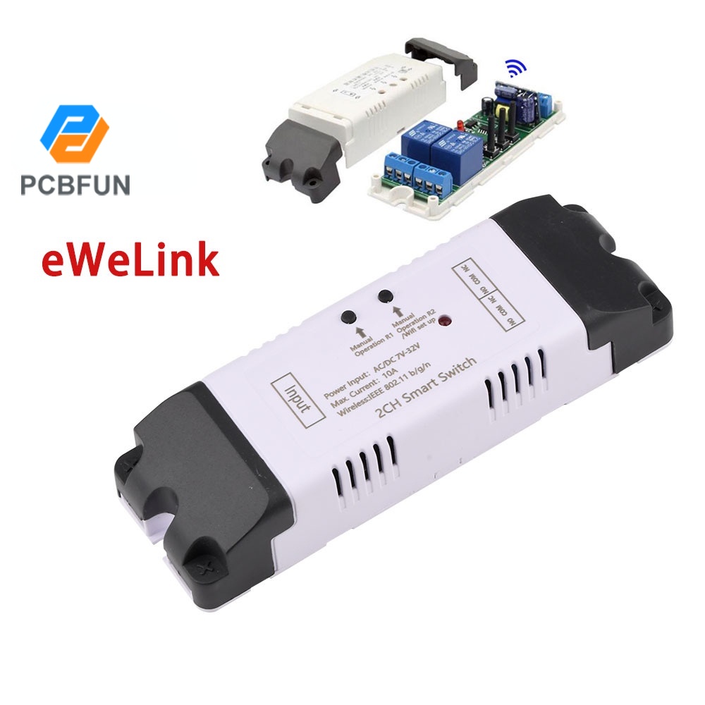 Công tắc rơ le Pcbfun wifi 2 kênh DC 7-32V eWeLink điều khiển từ xa cho cửa thông minh