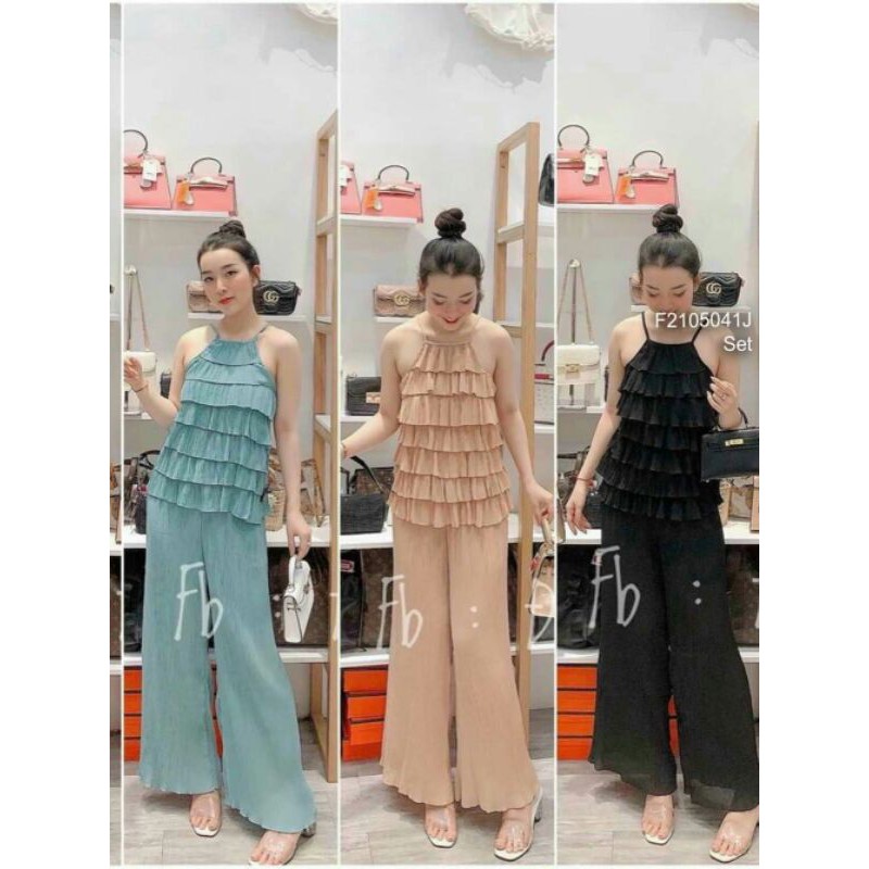 Set dập ly áo bèo tầng cổ yếm phối quần suôngmm