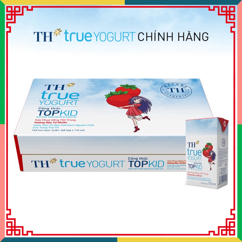 Thùng 48 hộp hộp sữa chua uống khử trùng TOPKID hương dâu đương nhiên TH True Yogurt 110ml (110ml x 48) ( Đại lý Ngọc To