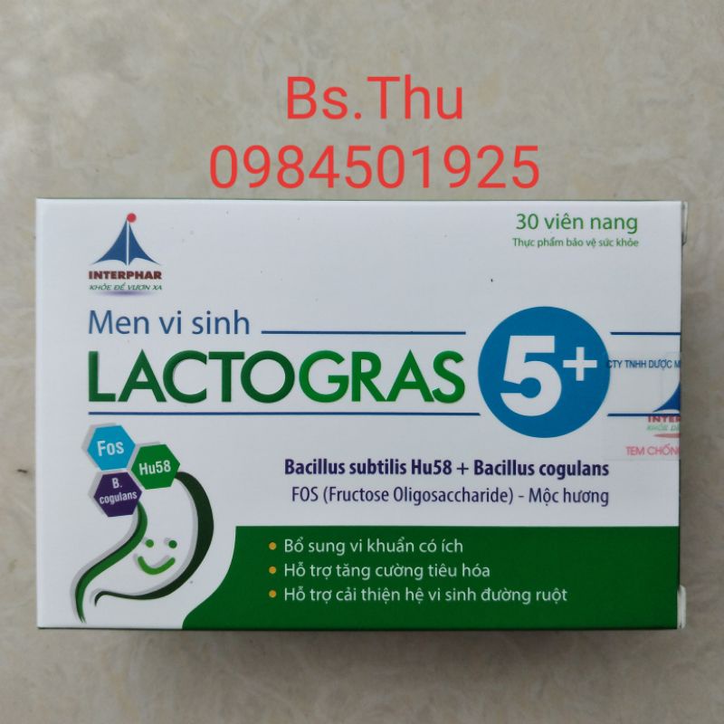 Men vi sinh Lactogras 5+ hộp 30 viên, hỗ trợ tăng cường tiêu hóa, bổ sung lợi khuẩn đường ruột