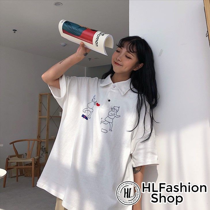 Áo thun tay lỡ unisex T-shirt cổ trụ hình 2 em mèo bắn tim siêu xinh siêu lạ | BigBuy360 - bigbuy360.vn