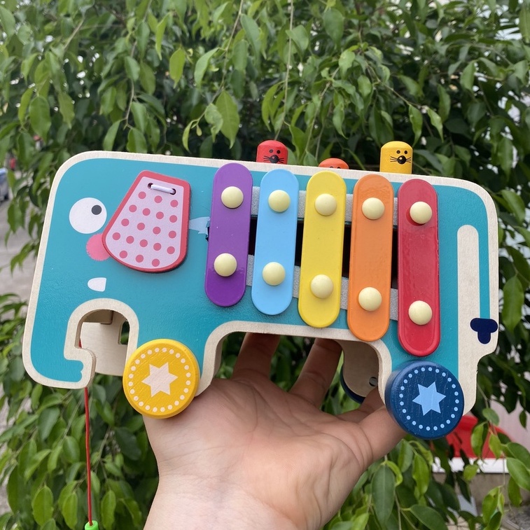 Đồ chơi gỗ đập chuột hình con voi kèm đàn, kèm bánh răng xoay 5 in 1 cho bé phát triển trí tuệ