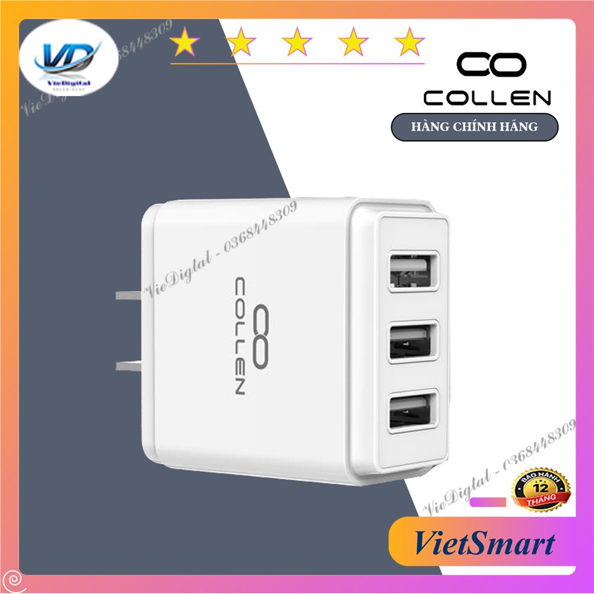 Củ Sạc Nhanh 3.4A 3 Cổng 3 Chân Cắm USB Collen Đa Năng Cho Điện Thoại [bảo hành 6 tháng, lỗi 1 đổi 1 trong 30 ngày]