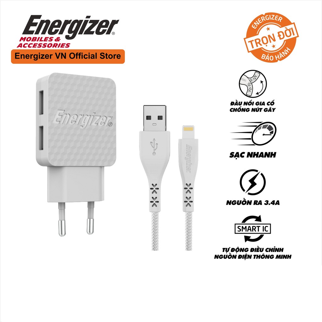 Sạc Energizer 3.4A 2 Cổng USB màu trắng, kèm cáp lightning - AC2CEULLIM