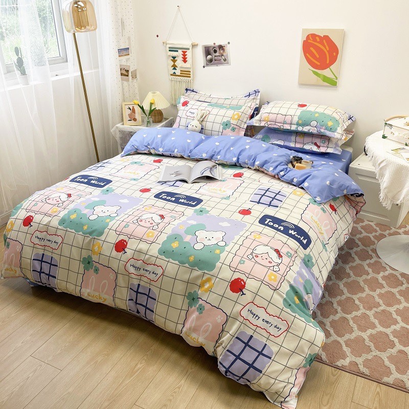 Bộ Drap &amp; Chăn Phao Cotton Poly Cô Bé Thỏ Tuyết