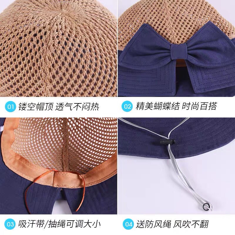 Mũ Cói Vành Tròn Chống Nắng Thoáng Khí Thắt Nơ Phong Cách Hàn Quốc Cho Nữ