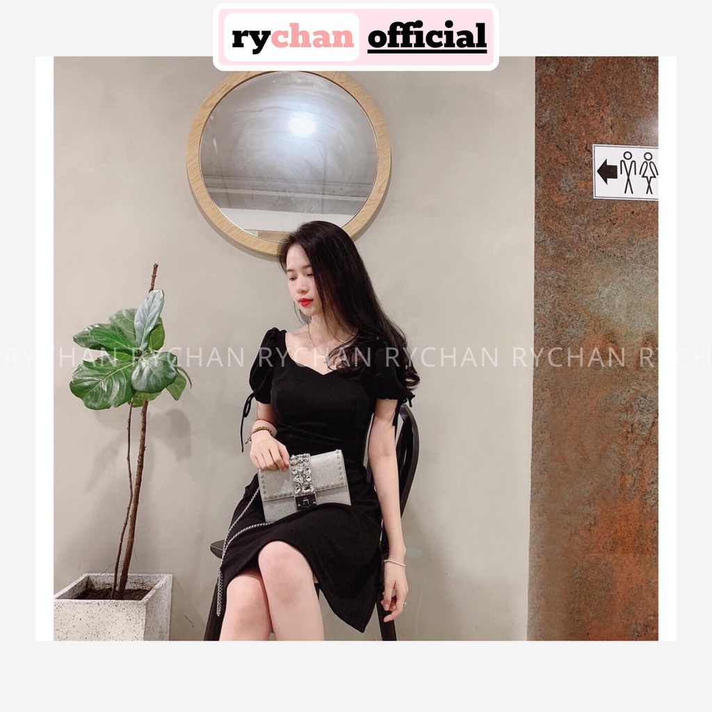 Đầm Xòe Cổ Tim Tay Nơ Hai Màu Đen Đỏ - DX831