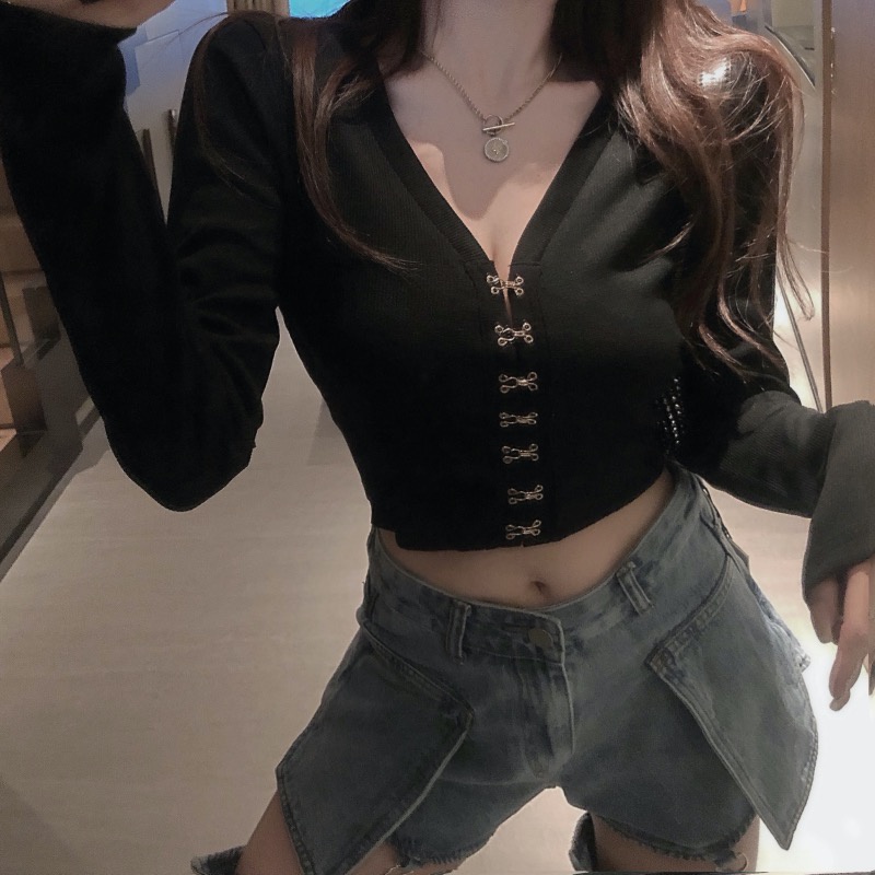 Cocory vn Áo croptop dệt kim tay dài cổ chữ V dáng ôm phong cách retro quyến rũ dành cho nữ
