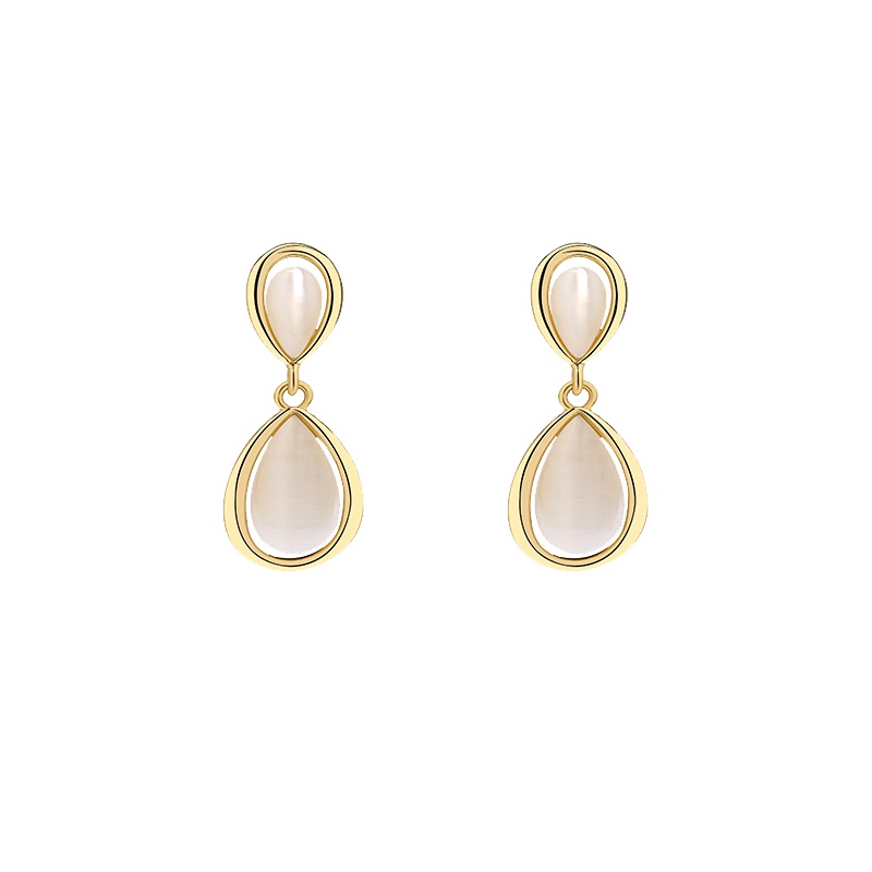 Bông tai kim bạc đính đá opal đơn giản phong cách Hàn Quốc cho nữ