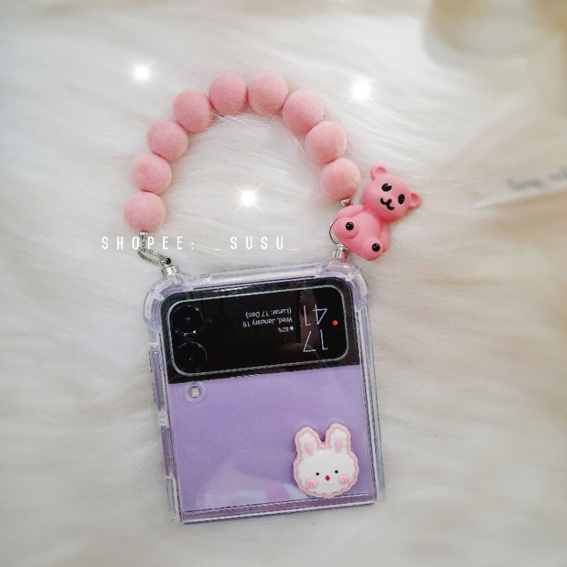 Ốp chống sốc Samsung Z Flip 4 - Z Flip 3 - ZFlip3 - Flip4 5G charm thỏ kèm dây gấu nhung dễ thương