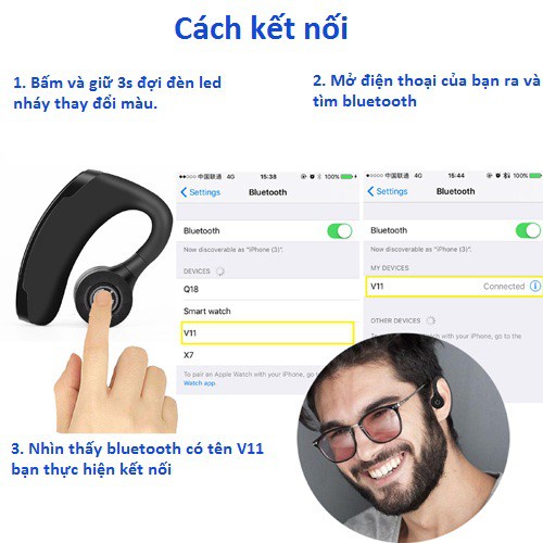 Tai Nghe Bluetooth V11 móc vành tai chống ồn kèm mic