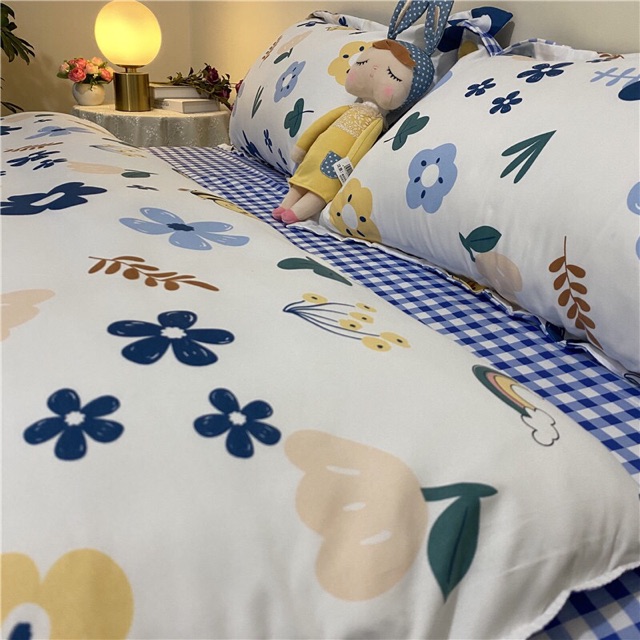 Set Chăn Ga Cotton Poly Hoa Lá Cỏ Ong Ga Kẻ Caro Trắng Xanh Thấm Hút Mồ Hôi Tốt Shinbedding.shop