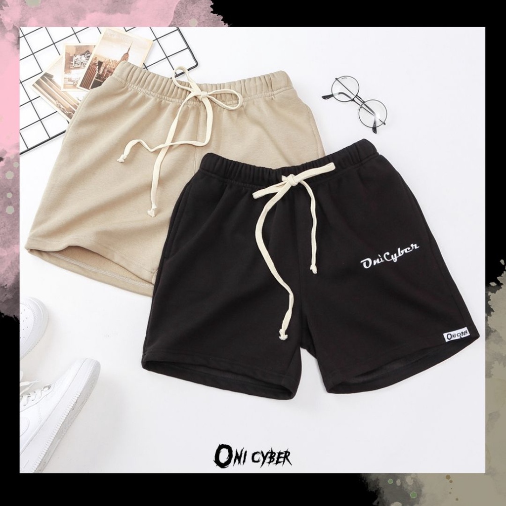 Quần short Unisex ONI CYBER chất nỉ dày dặn, quần đùi nam nữ Local brand bassic cao cấp 2 màu đen và be in logo QONI01