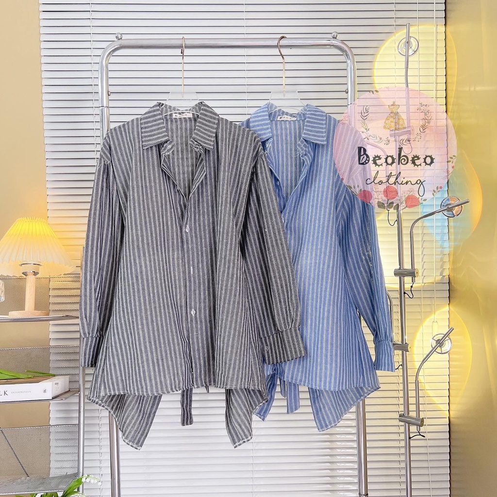 Áo sơ mi kẻ sọc rút dây cột nơ lưng ulzzang