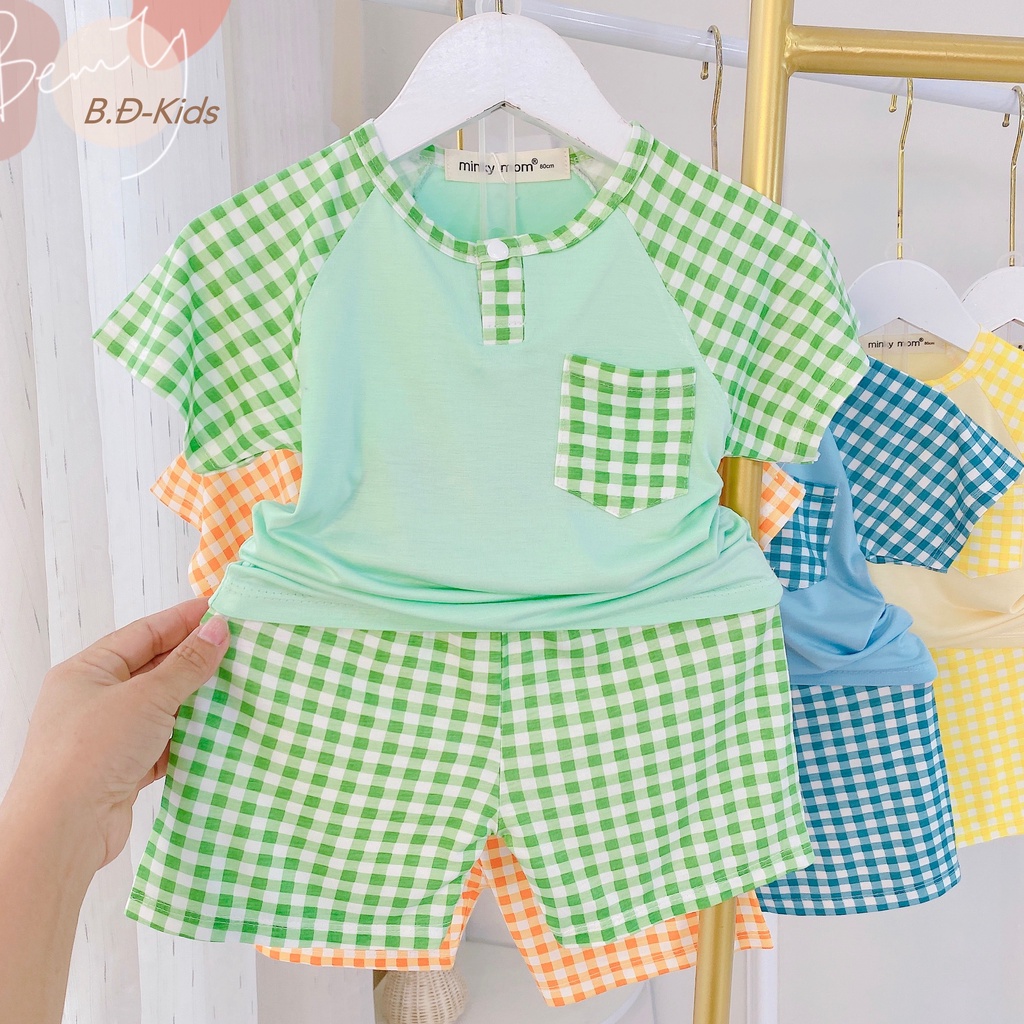 Bộ ngắn tay phối caro Minky Mom thun lạnh cho bé trai bé gái từ 7-32kg