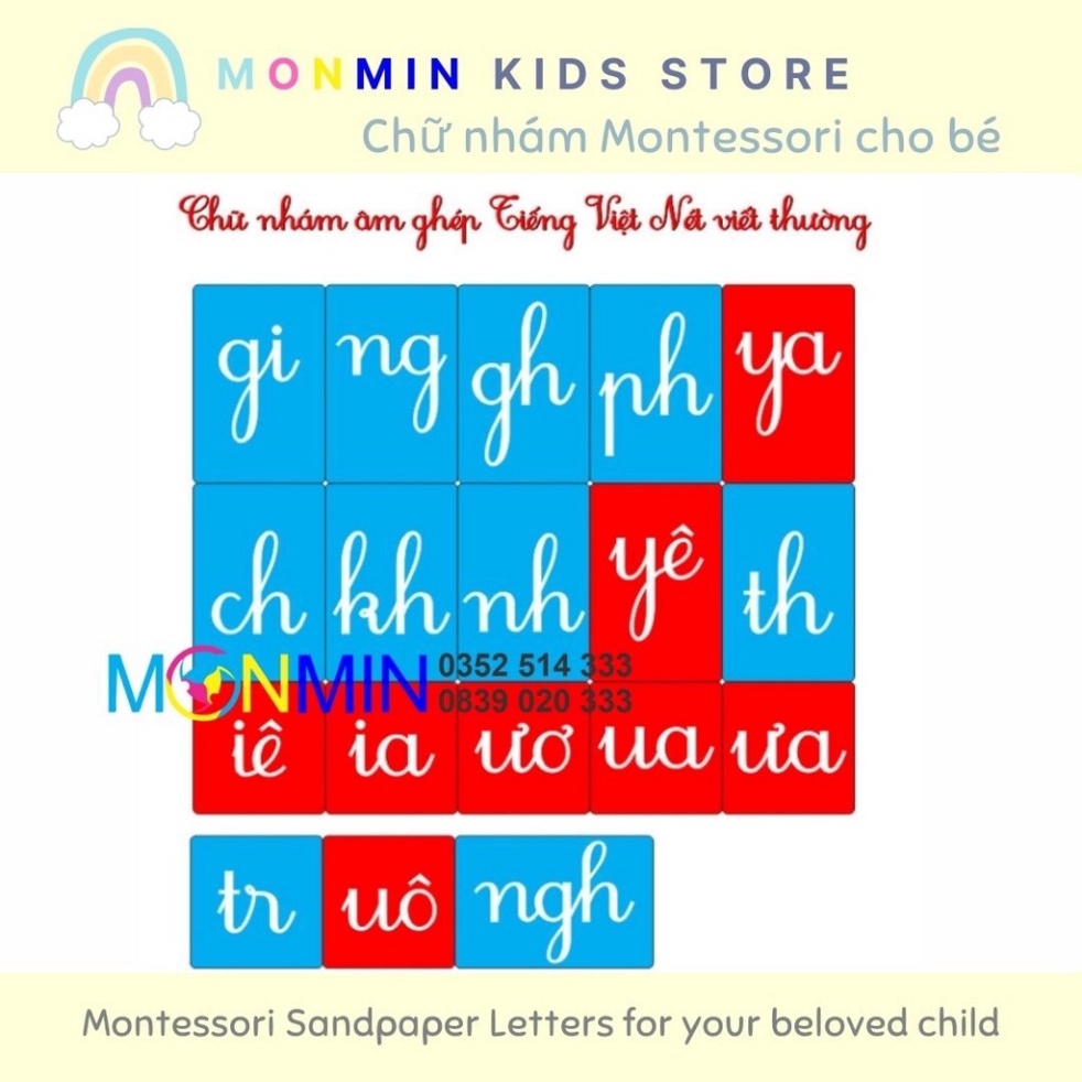 Chữ nhám Tiếng Việt - nét viết thường âm ghép - Bộ 19 chữ MONMIN (Montessori Sandpaper Letters)