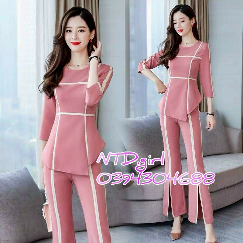 Hàng nhập - Set bộ nữ kẻ ô tà xẻ cách điệu, set công sở thời trang sành điệu
