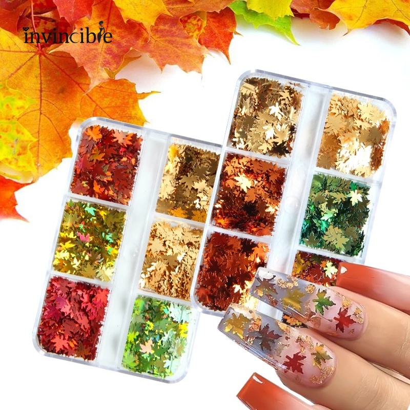 [Hàng mới về] Hộp phụ kiện đính móng 6 ngăn lưới holographic hình lá phong 3D làm đẹp