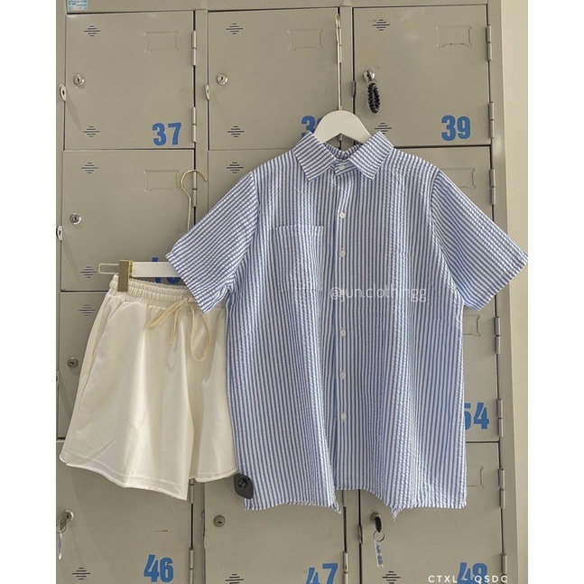 [Ảnh thật/Sẵn]Áo Sơmi kẻ chất xốp XẺ LƯNG cộc tay
