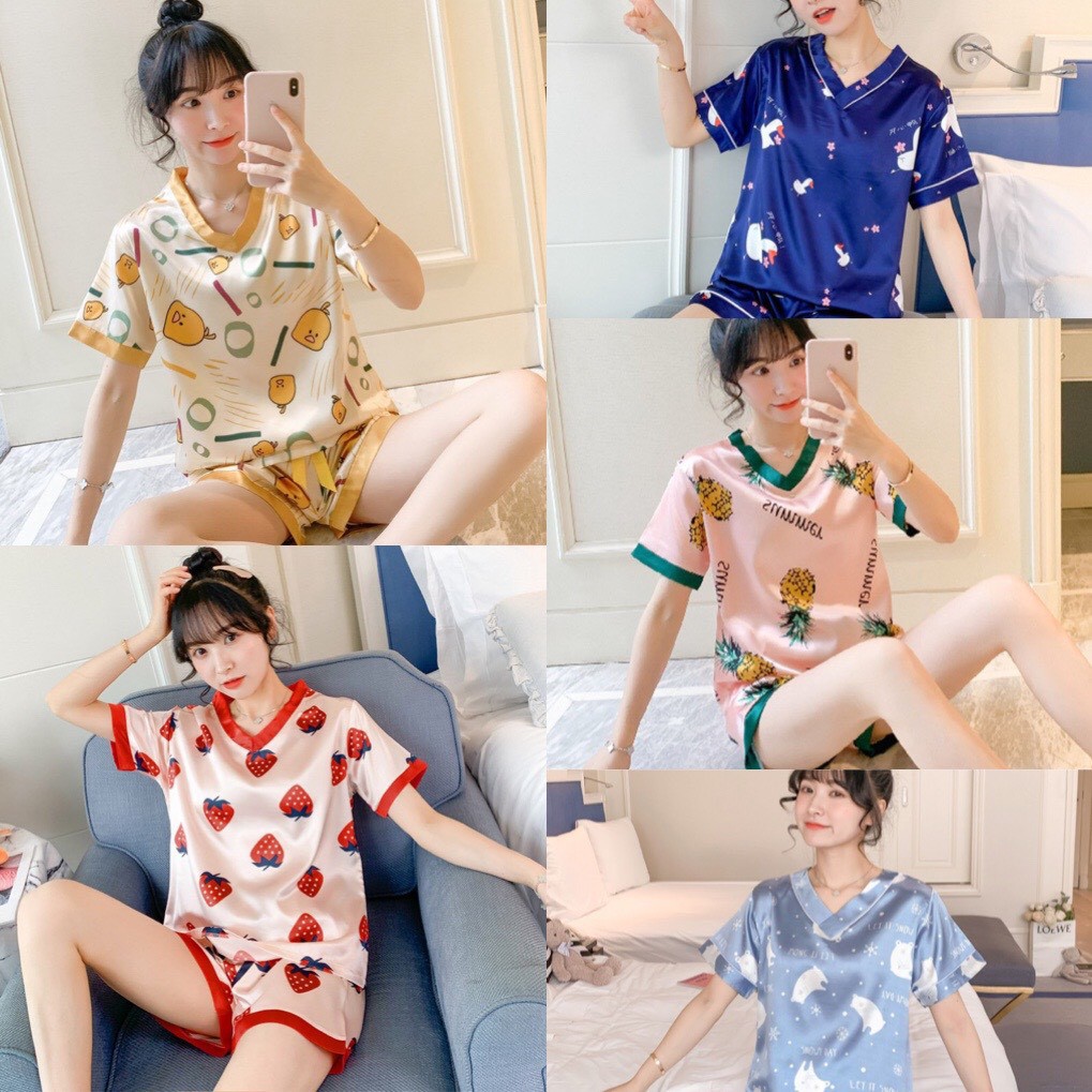 BỘ NGỦ PIJAMA MẶC NHÀ HÌNH DỄ THƯƠNG - Bộ lụa ngắn  tay hoạ tiết Cao cấp [[FREE SHIP]