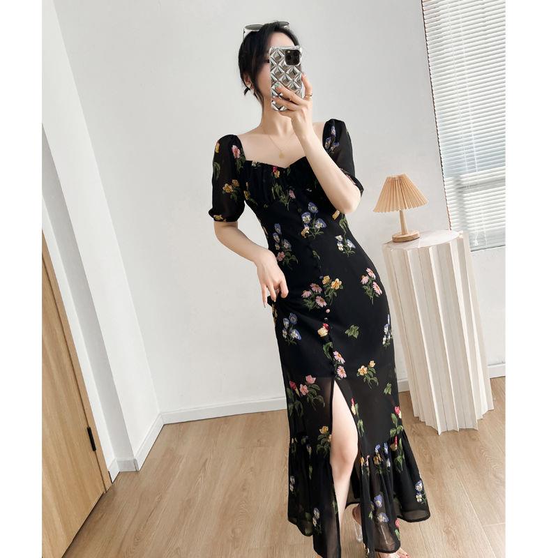 Đầm chiffon Đuôi Cá Dài Đuôi Cá Cổ Vuông Tay Ngắn In Họa Tiết Cổ Điển Thời Trang Mùa Hè Hàng Mới 2022 Dành Cho Bạn Nữ
