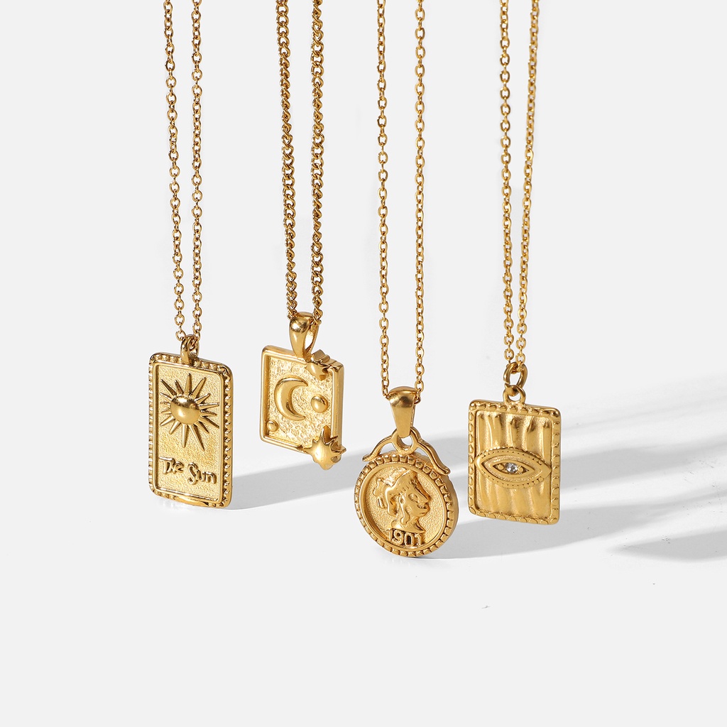 Vòng cổ Thép Không Gỉ Mạ Vàng 18K Mặt Vuông Chạm Nổi Mắt Trăng Mặt Trời