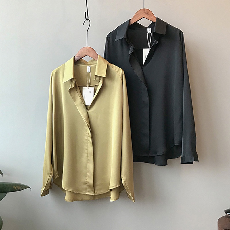 IELGY Áo Sơ Mi Lụa satin Mỏng Tay Dài Dáng Rộng Cổ Chữ v Thời Trang Cho Nữ