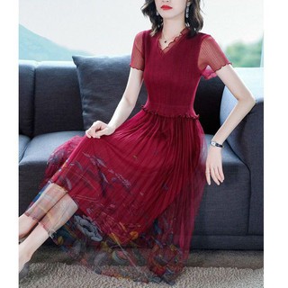 Hàng nhập - đầm xòe ren lưới nhún ly chân váy in hoa màu cổ tim