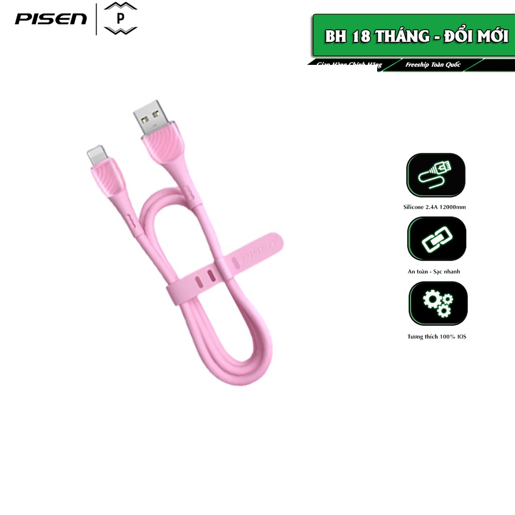 Cáp cao cấp PISEN USB to L Colorful Liquid Silicone 2.4A 2000mm từ nhựa silicon nguyên sinh, bảo vệ môi trường