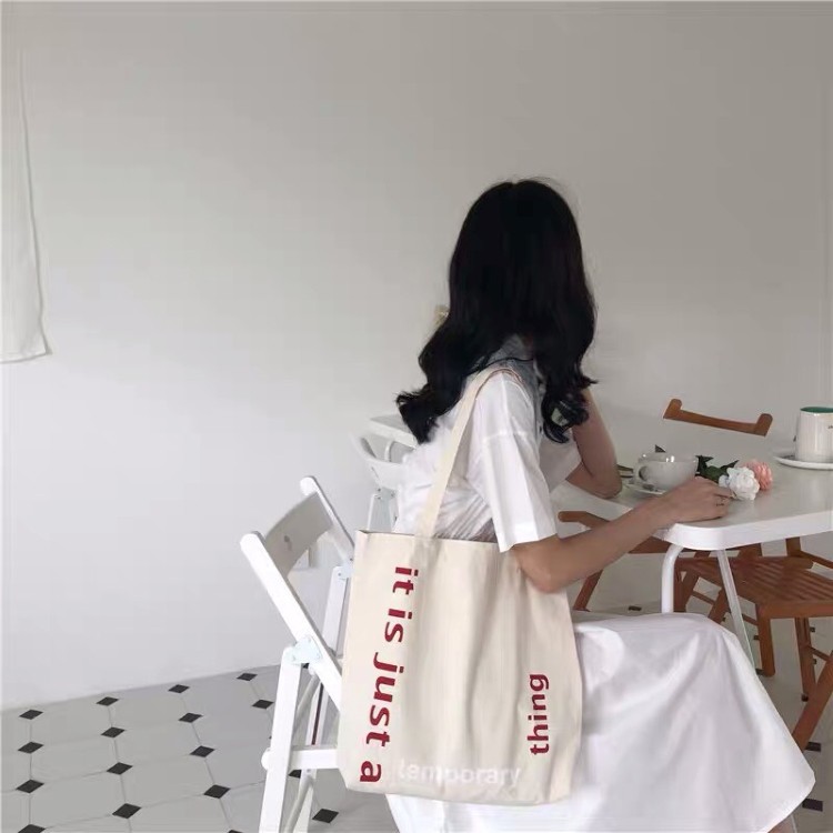 Túi tote vải canvas cao cấp TEMPORARY phong cách Hàn Quốc có ngăn phụ nhỏ bên trong tiện dụng