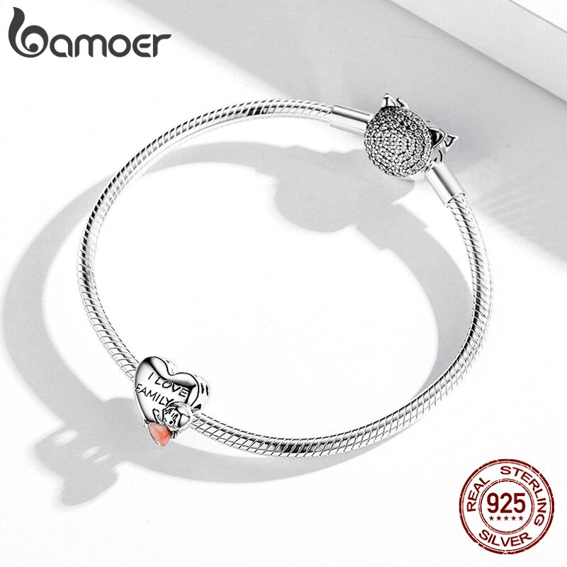 Charm trang sức Bamoer BSC478 hình trái tim khắc chữ I Love Family dùng làm vòng tay dành cho nữ và trẻ em