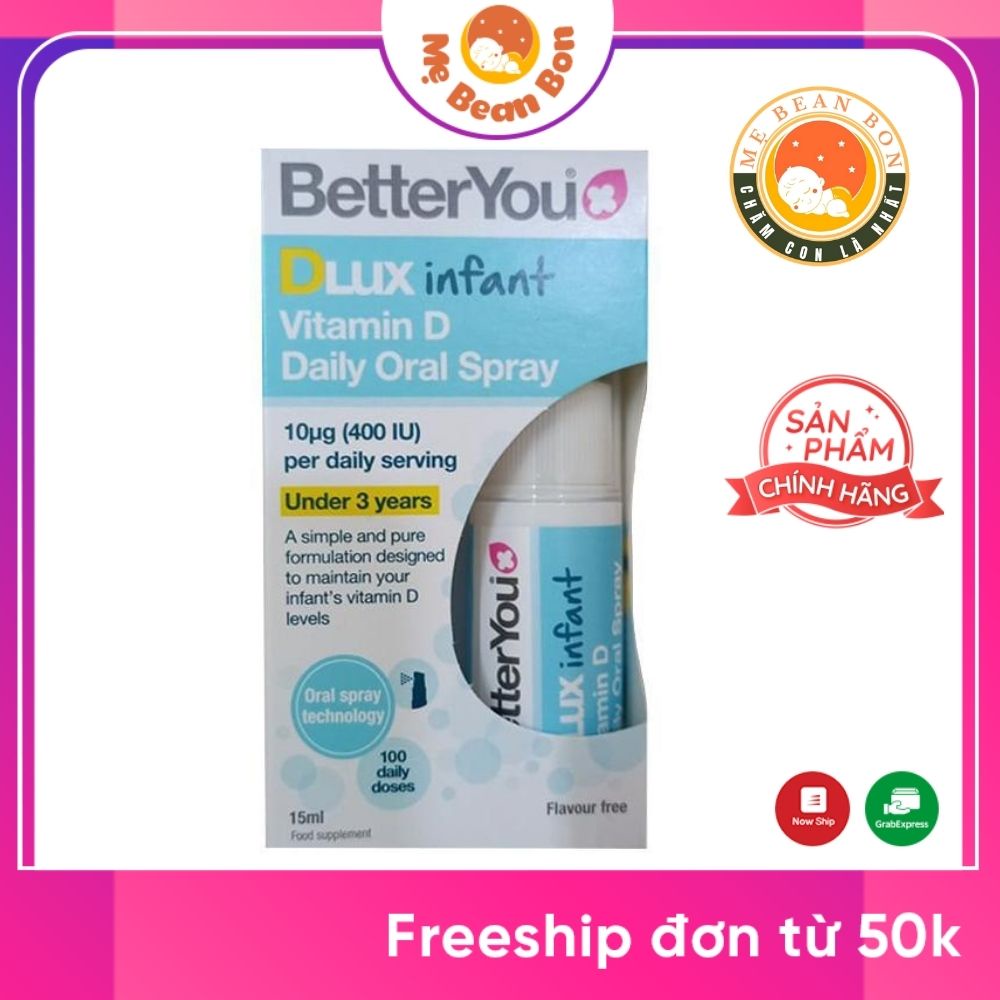 Vitamin D3 cho trẻ từ sơ sinh đến 3 tuổi Dlux betterYou dạng xịt 15ml của Anh giúp hấp thu ngay trong miệng, thơm ngon